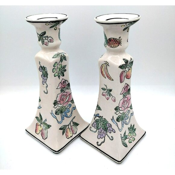 Taper Candle Holders Chinoiserie Hand Painted Vintage Floral Pastel Pair 8.3 In - Picture 5 of 13